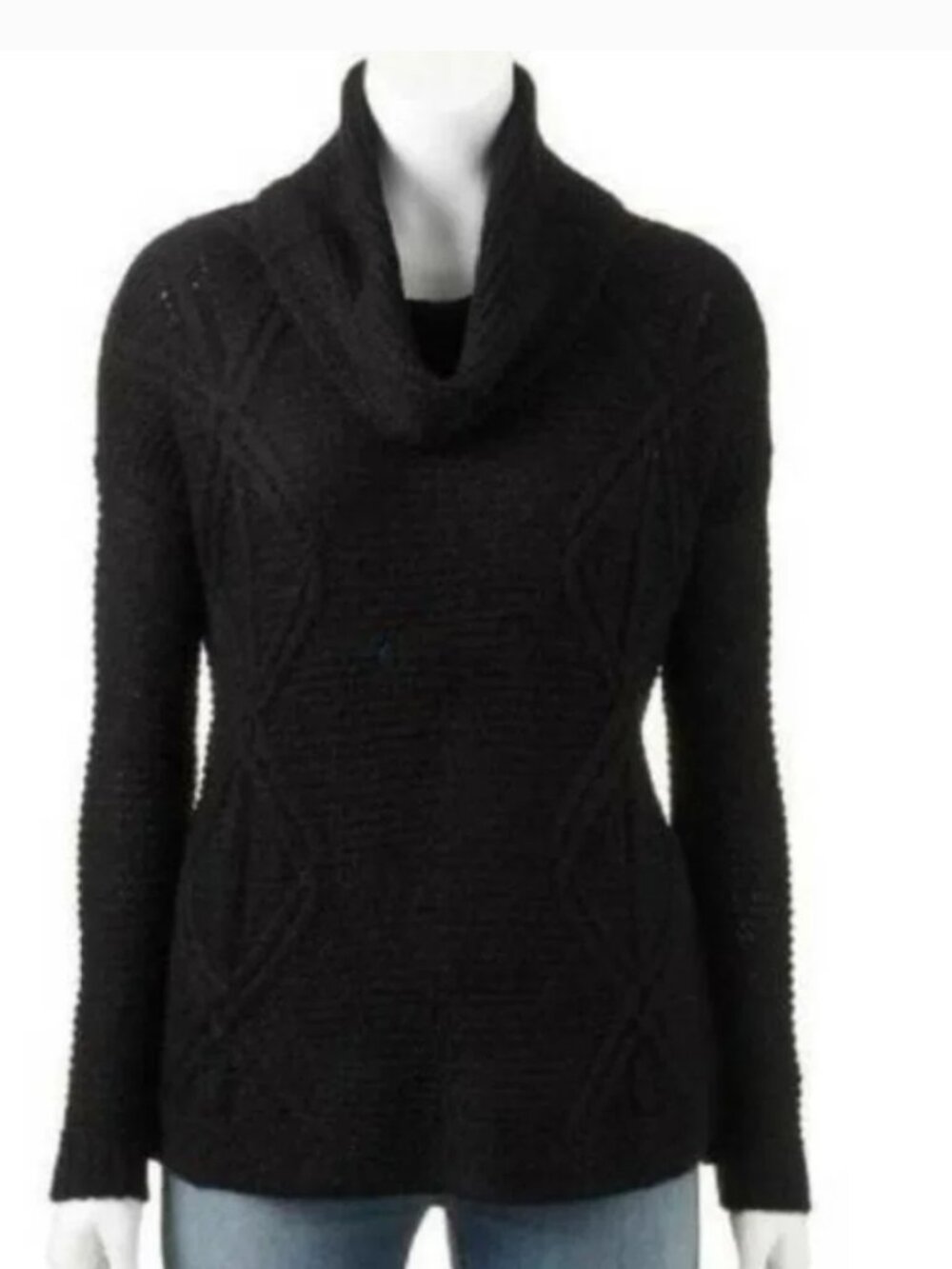 Sonoma Sweater Womens XL Cable Knit Black Lurex Accents Long Sleeve Cowlneck